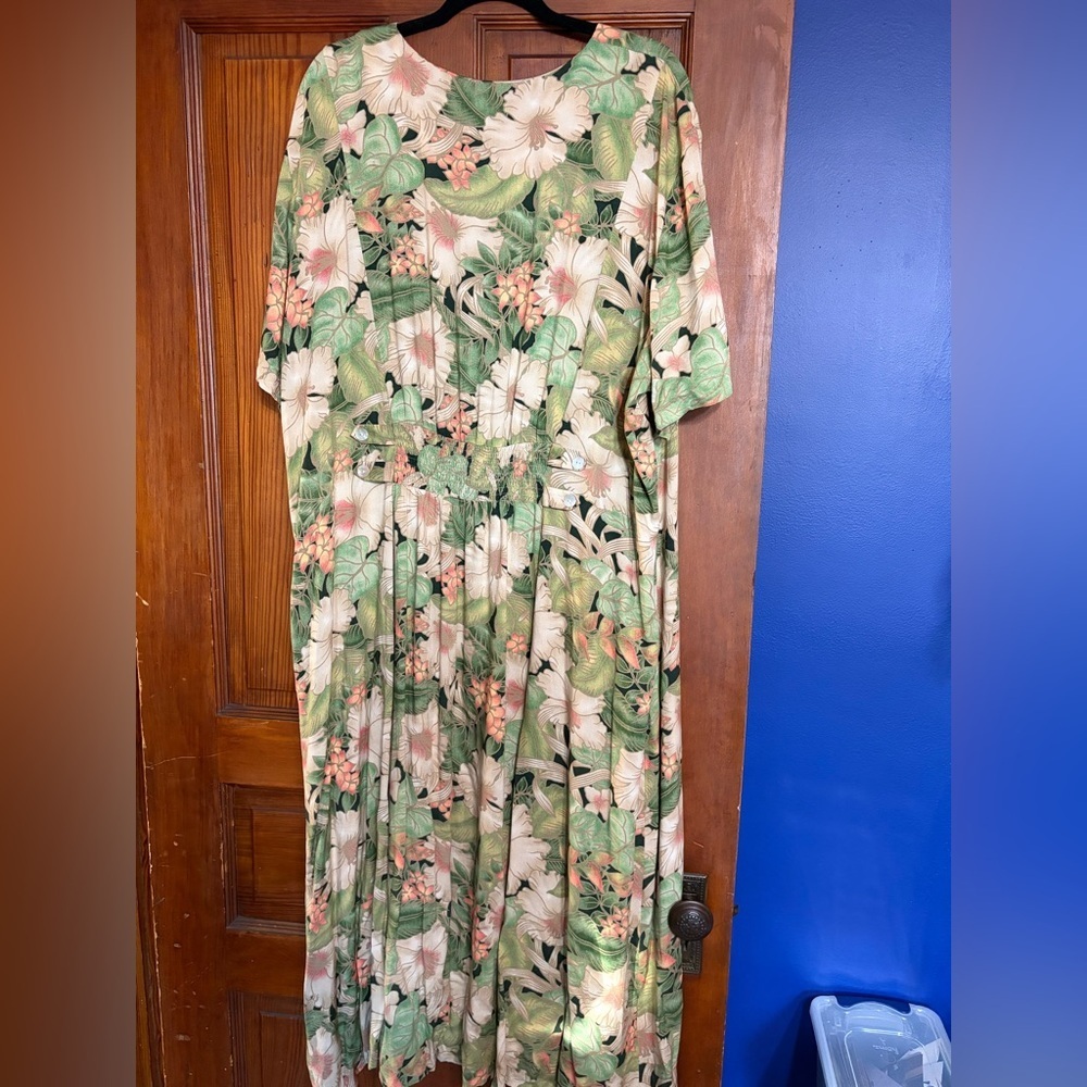 90s Plus Size J.B.S. Green Floral Maxi Dress - Size 30W - Picture 2 of 5